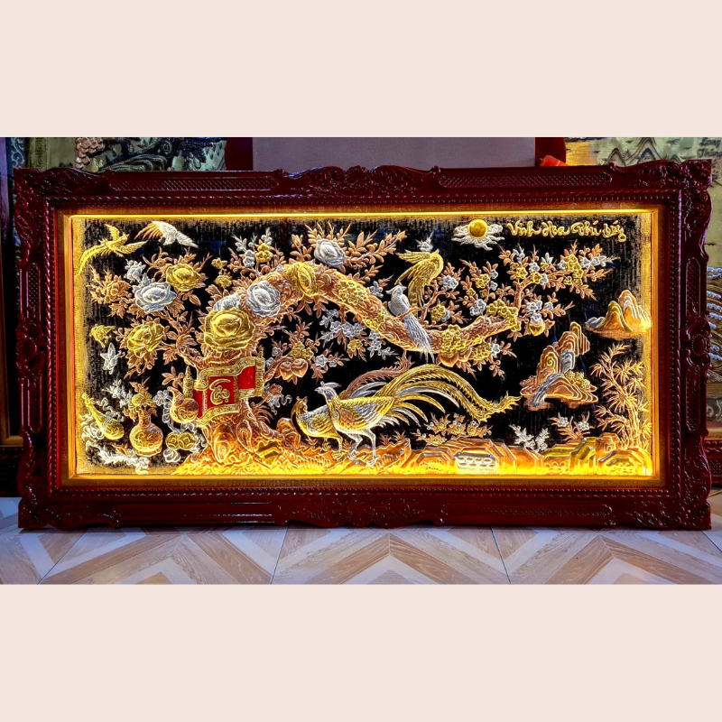 tranh vinh hoa phu quy bang dong do dat vang bac kich thuoc 1m7x90cm