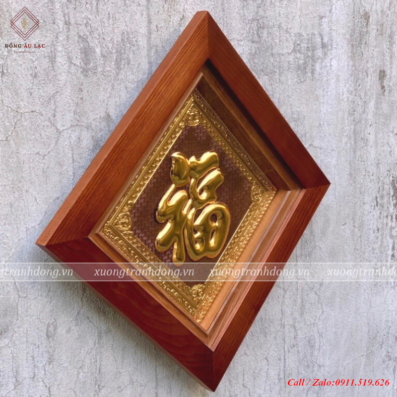 tranh chu phuc 38x38 cm chu ma vang 24k nen hong khung go soi