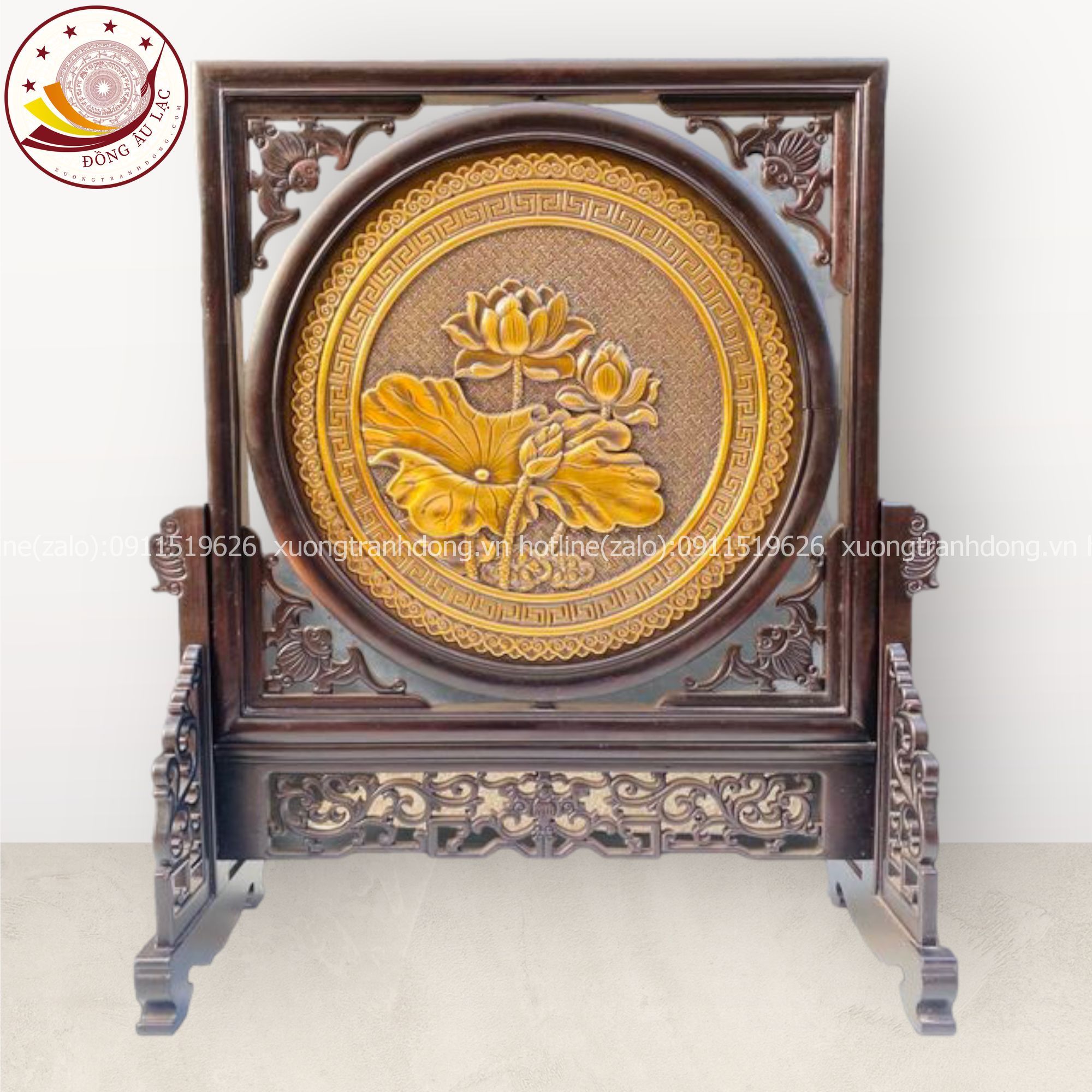 tranh qua tang hoa sen dong vang gia co de ban duong kinh 20cm xuong tranh dong