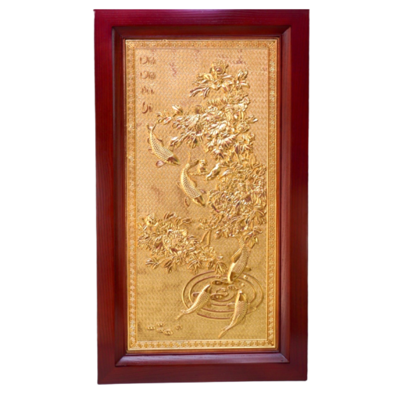 tranh ca chep nien nien huu du 38x68cm ma vang 24k khung go soi