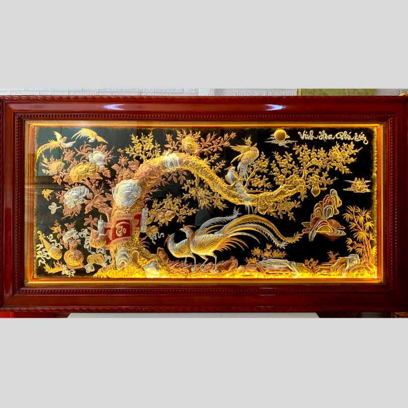 tranh vinh hoa phu quy bang dong do dat vang bac khung go huong kich thuoc 2m3x1m2