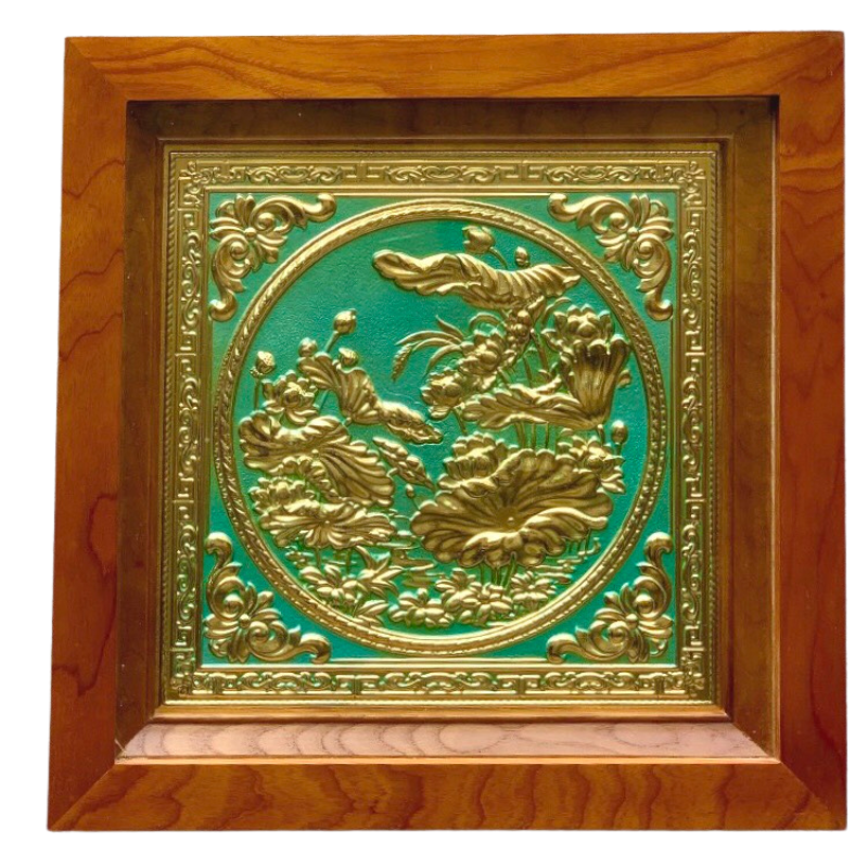 tranh hoa sen 38x38cm khong ma nen xanh khung soi