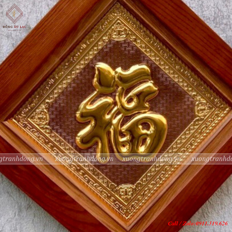 tranh chu phuc 38x38 cm chu ma vang 24k nen hong khung go soi