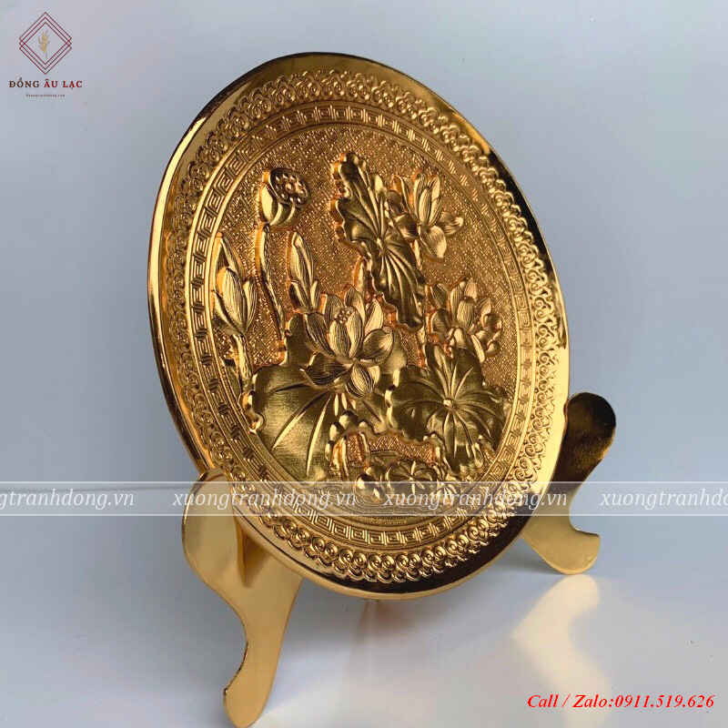 tranh dia hoa sen duong kinh 21cm dat vang 24k