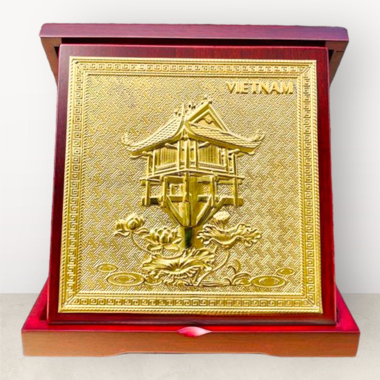 tranh qua tang danh lam chua mot cot dong vang de ban kich thuoc 23x23cm xuong tranh dong