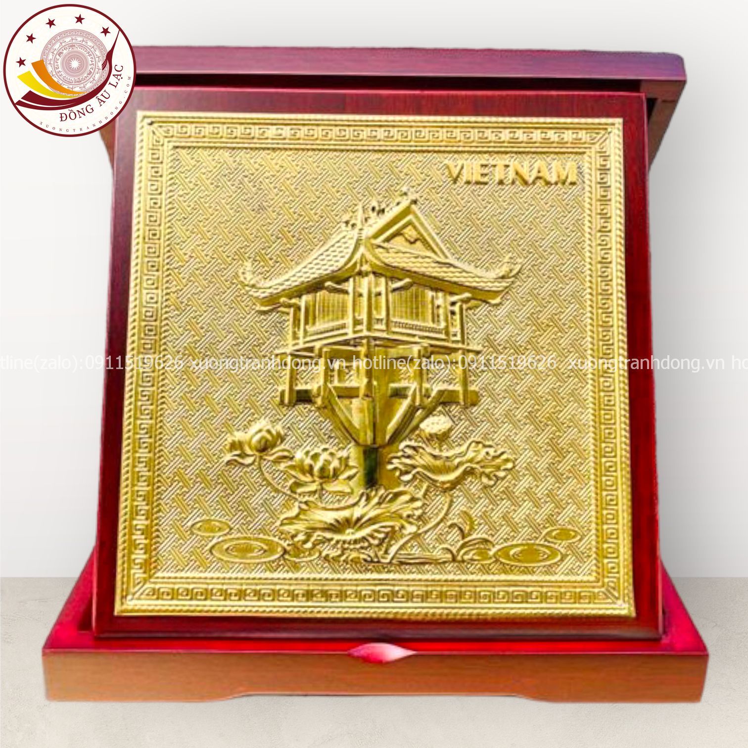 tranh qua tang danh lam chua mot cot dong vang de ban kich thuoc 23x23cm xuong tranh dong