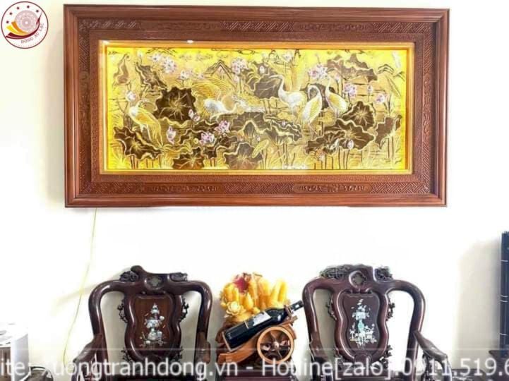 tranh sen hac dong vang dat vang bac ve mau 2m31x1m27 xuong tranh dong