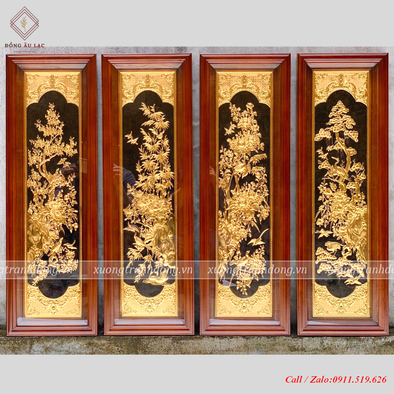 tranh tu quy 29x89cm nen den ma vang 24k