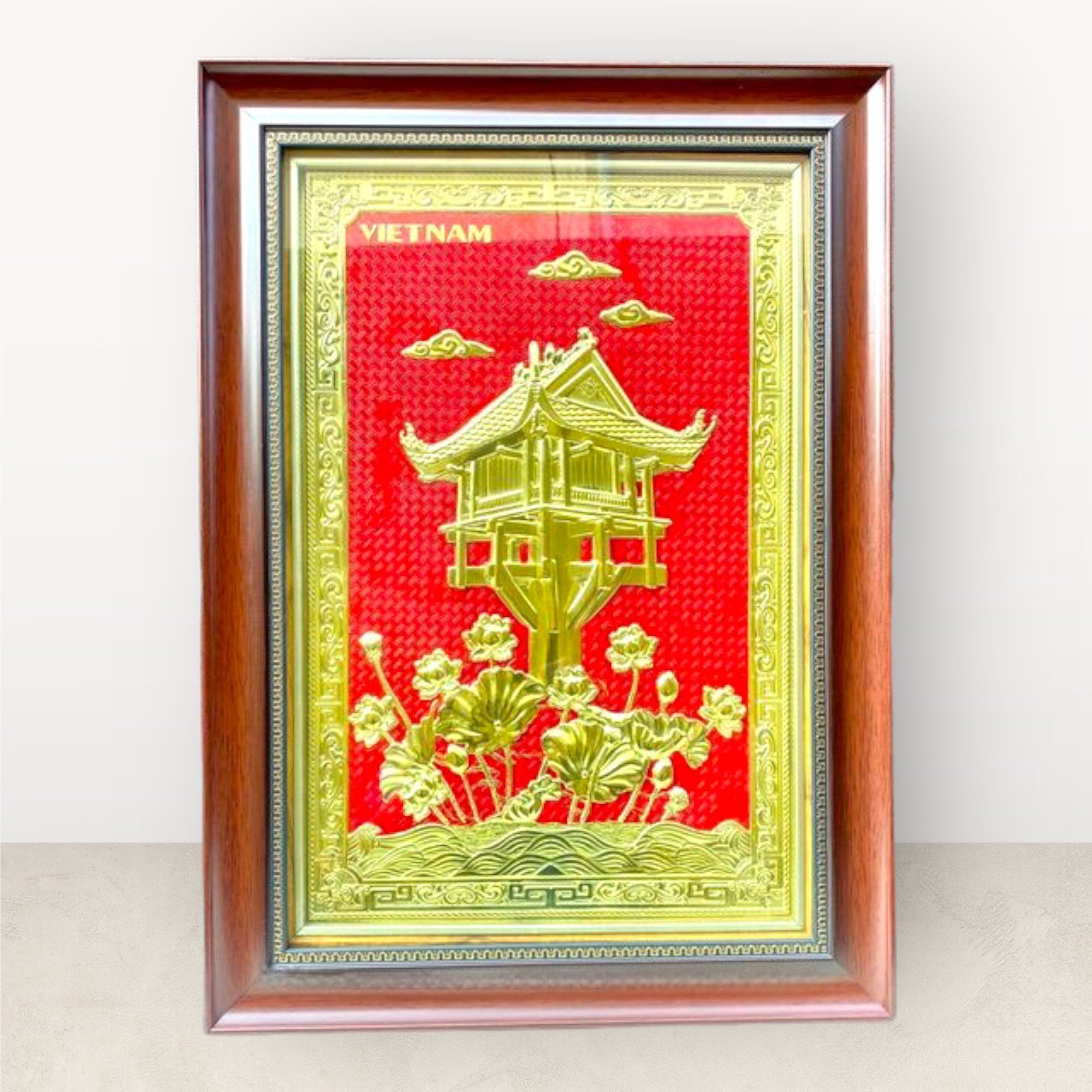 tranh qua tang danh lam chua mot cot dong vang de ban kich thuoc 48x68cm mau 2 xuong tranh dong