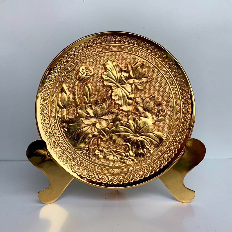 tranh dia hoa sen duong kinh 21cm dat vang 24k