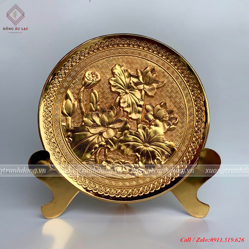 tranh dia hoa sen duong kinh 21cm dat vang 24k
