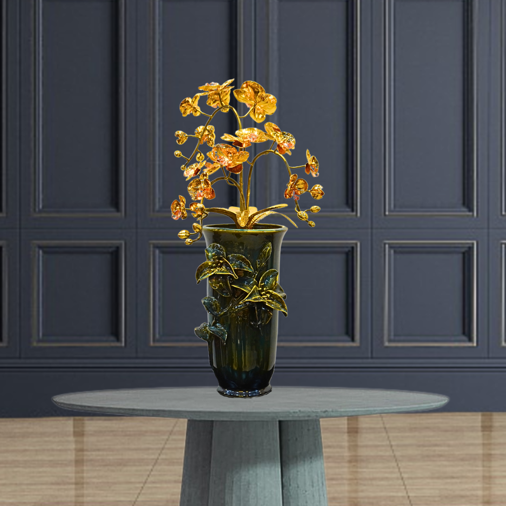 chau hoa lan 3 canh ma vang 24k xuong tranh dong