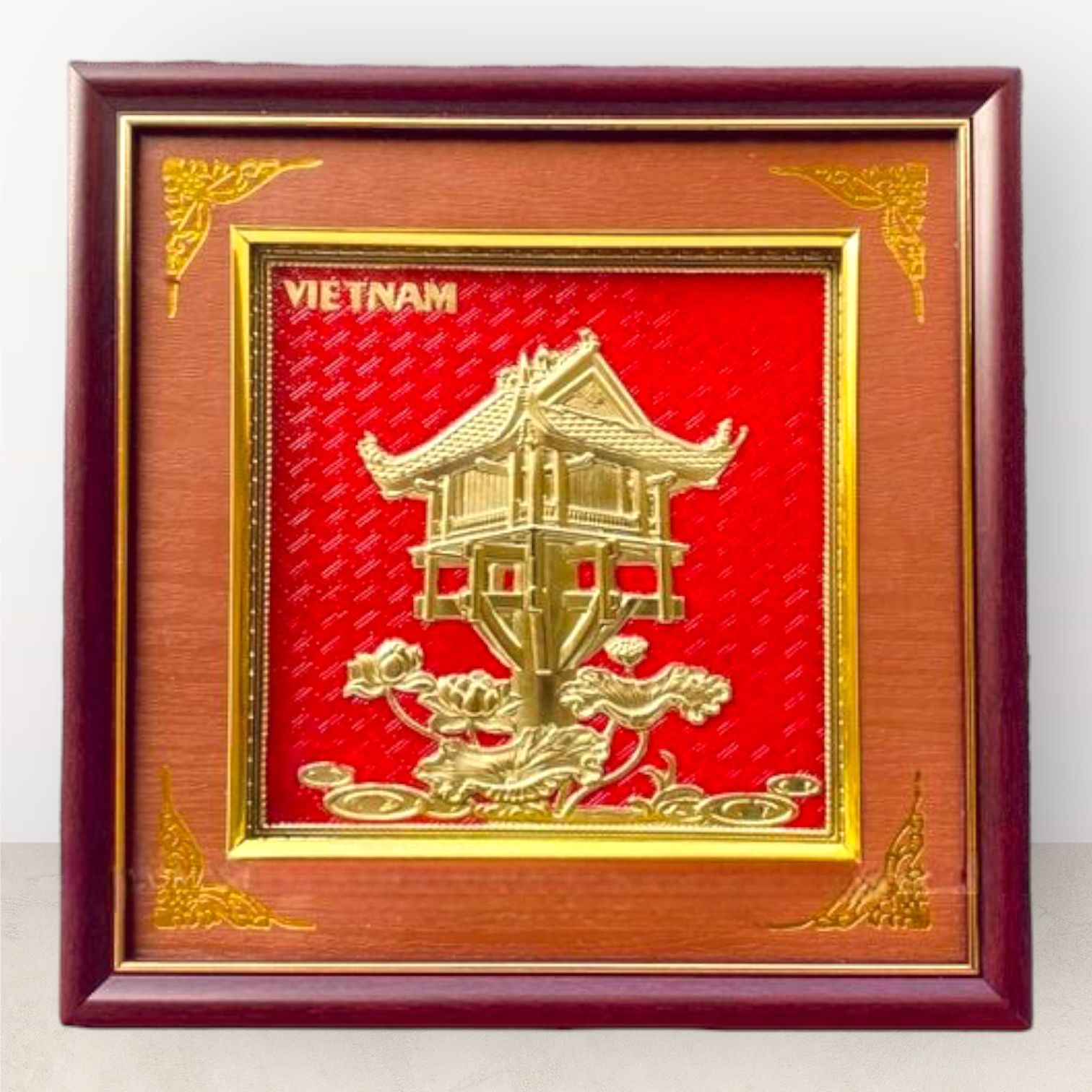 tranh qua tang danh lam chua mot cot dong vang de ban kich thuoc 26x26cm mau 2 xuong tranh dong