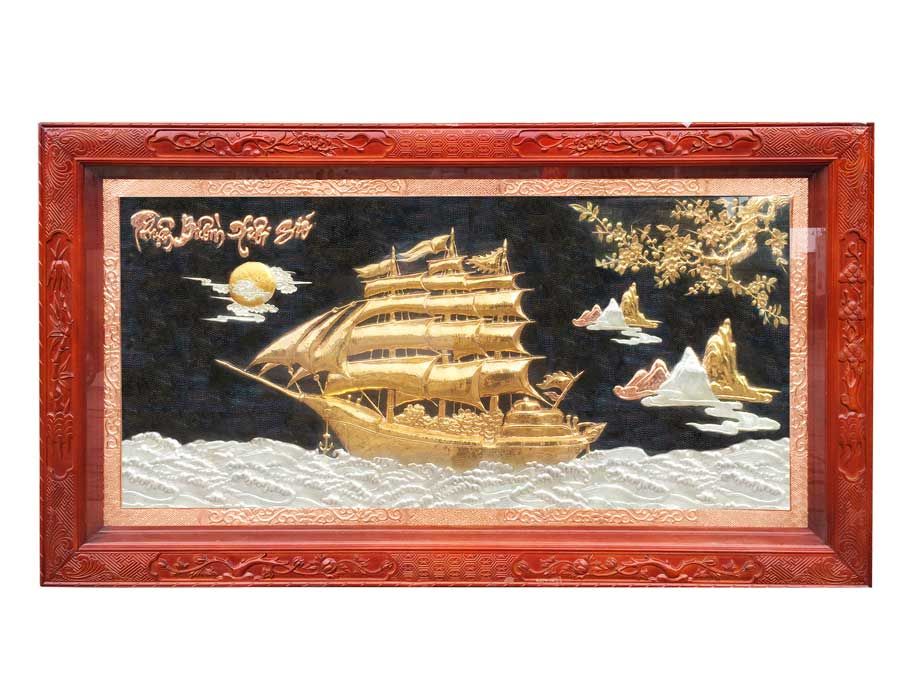 tranh thuan buom xuoi gio bang dong do dat vang nen den khung go huong duc kt 1m55x88cm