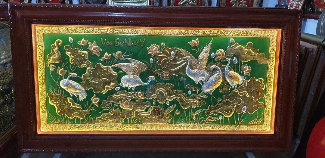 tranh sen hac dong vang dat vang bac 1m7x90cm xuong tranh dong