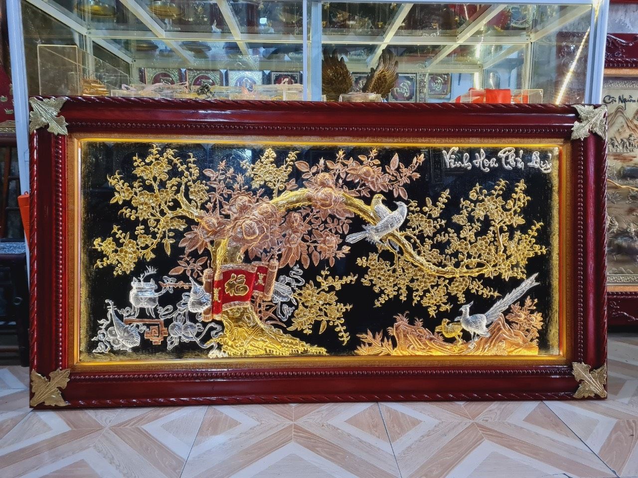 tranh vinh hoa phu quy bang dong vang dat vang bac kich thuoc 1m7x90cm xuong tranh dong