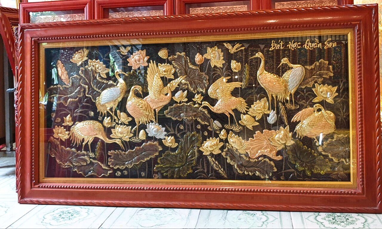 tranh sen hac dong vang dat vang bac 1m7x90cm xuong tranh dong