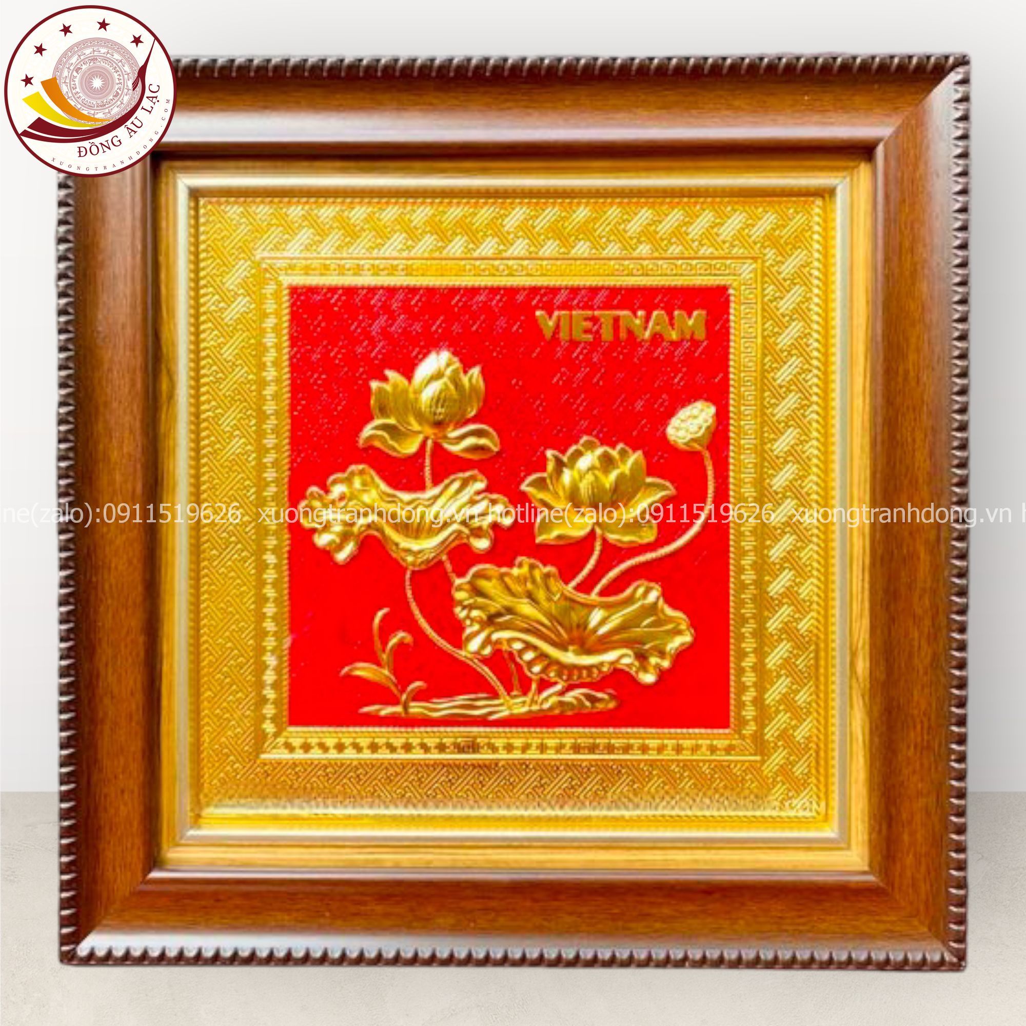 tranh qua tang hoa sen dong vang ma vang 24k de ban kich thuoc 30x30cm mau 5 xuong tranh dong