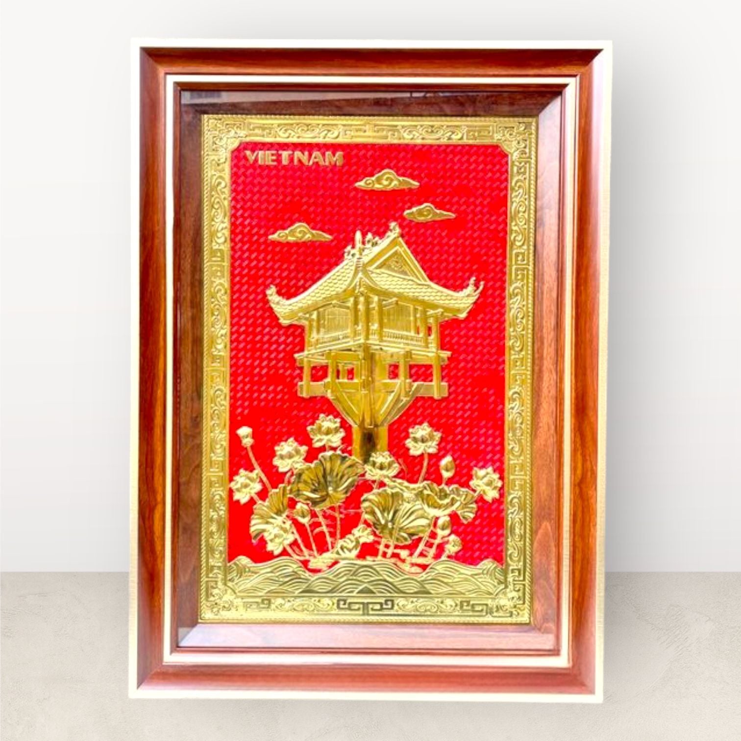 tranh qua tang danh lam chua mot cot dong vang de ban kich thuoc 38x54cm xuong tranh dong