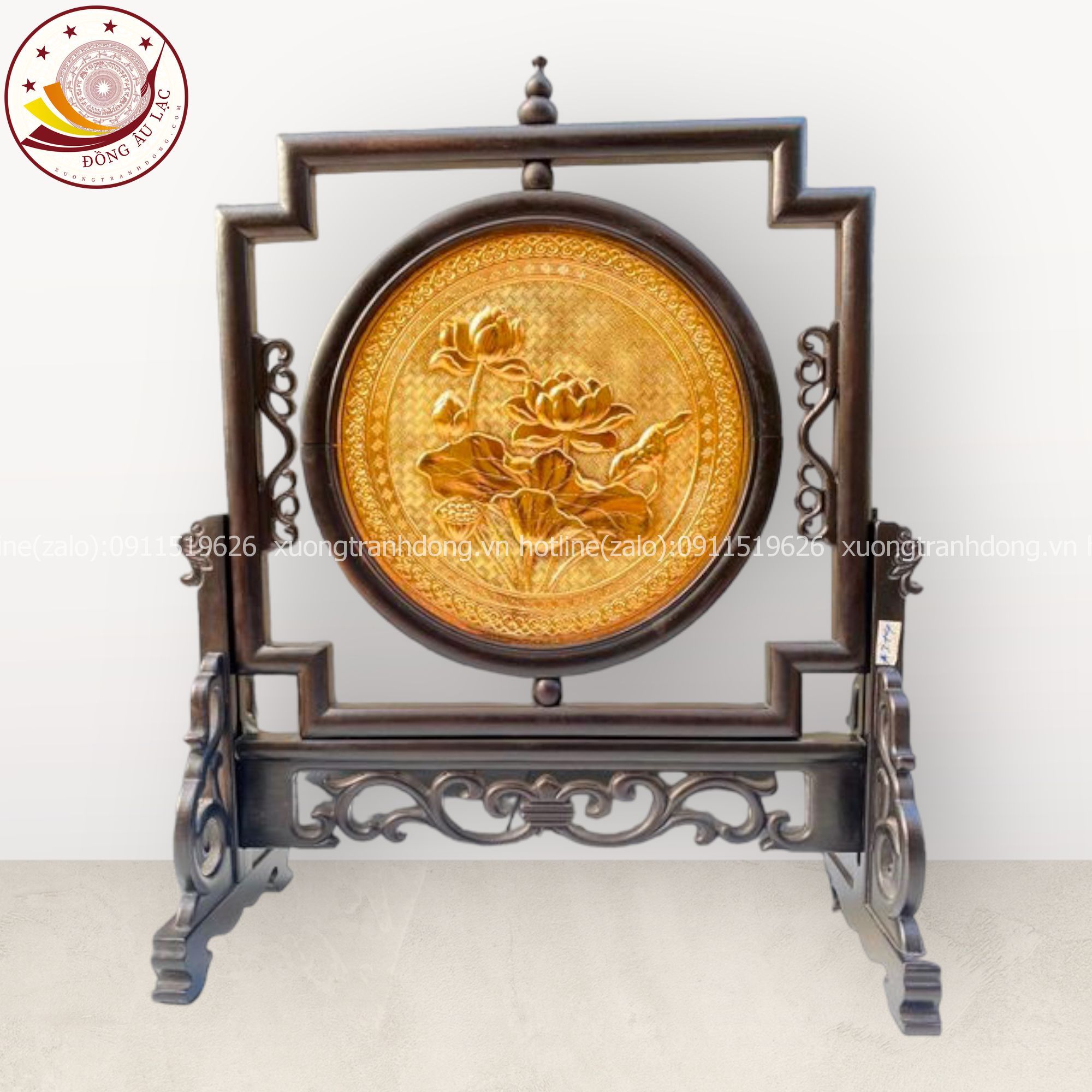 tranh qua tang hoa sen dong vang ma vang 24k de ban duong kinh 20cm mau 9 xuong tranh dong
