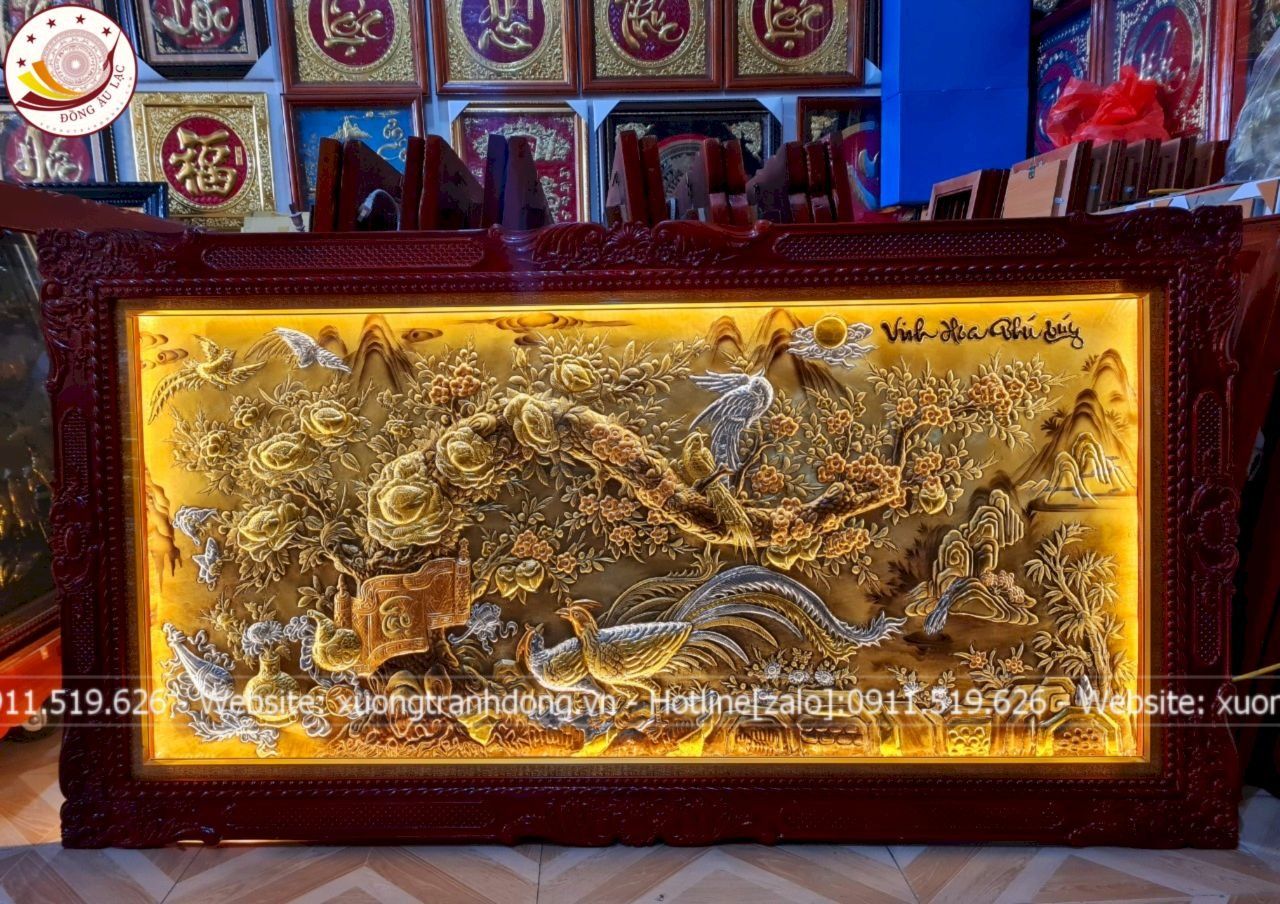 tranh vinh hoa phu quy bang dong vang xuoc dat khung duc kich thuoc 1m7x90cm xuong tranh dong