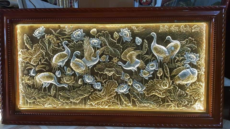 tranh sen hac dong vang gia co 1m7x90cm xuong tranh dong