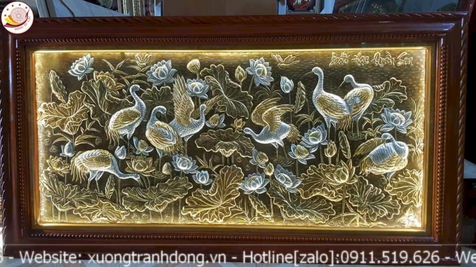 tranh sen hac dong vang gia co 1m7x90cm xuong tranh dong