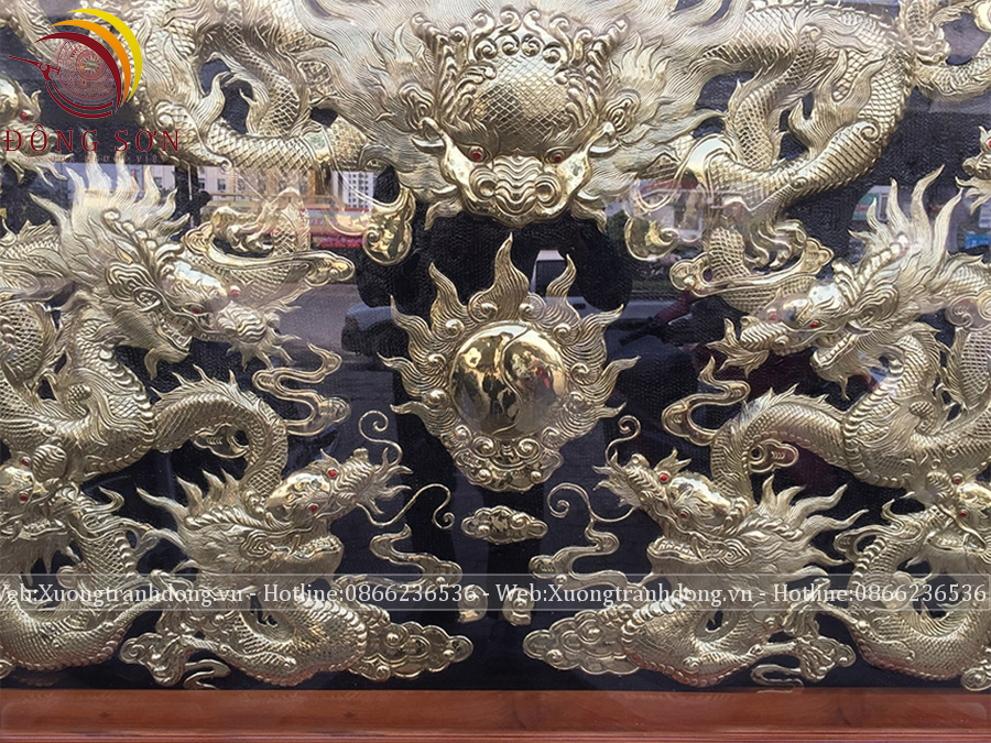 Tranh Cửu Long tranh châu đồng vàng kích thước 81x155cm khung gỗ dổi