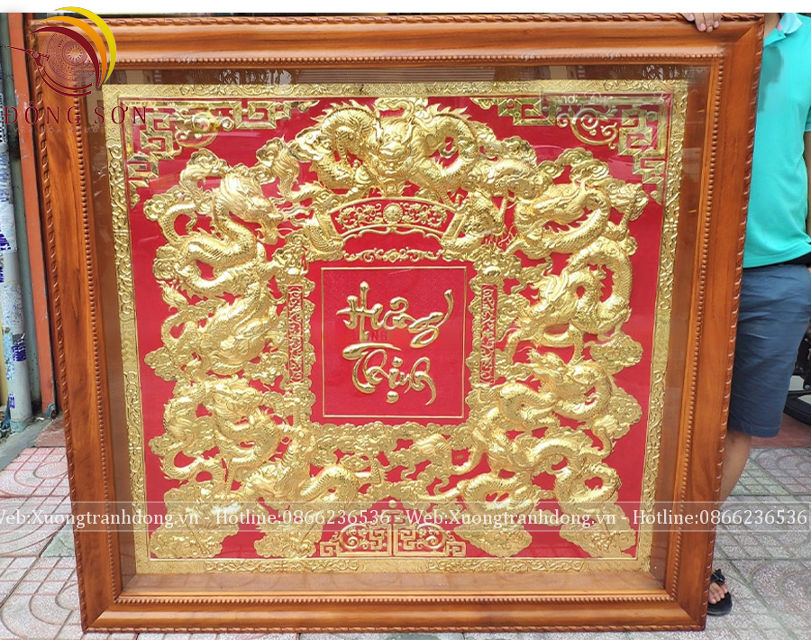 tranh cuu long hung thinh dong vang kich thuoc 136x136cm ma vang 24k khung go do