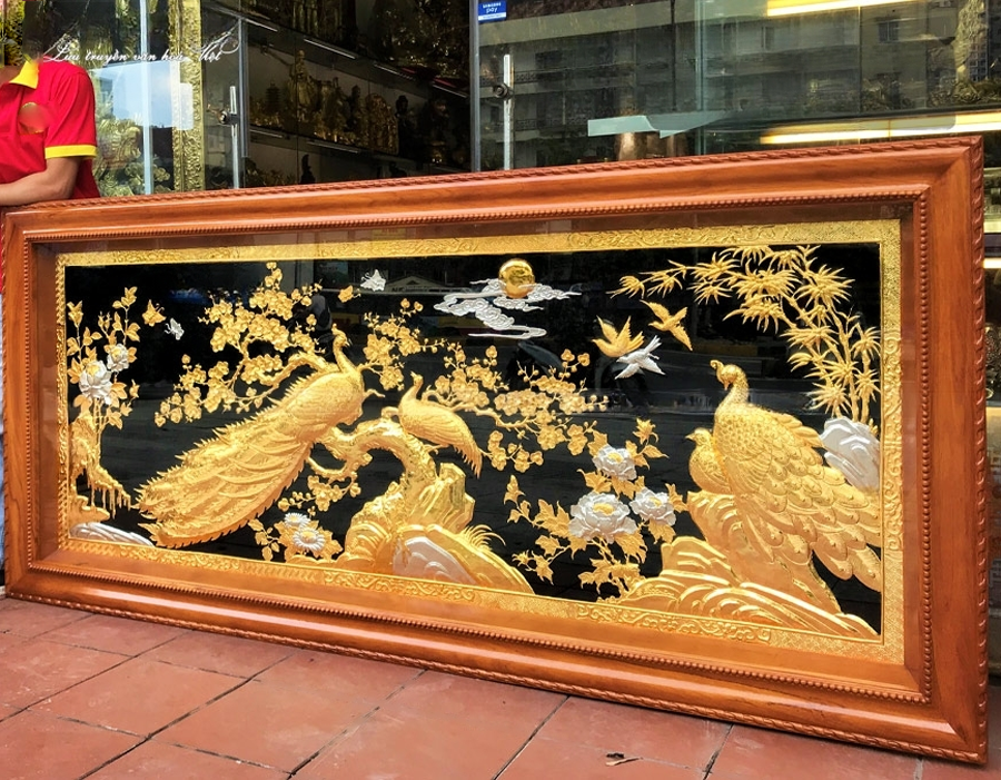 tranh phu the vien man dong vang kich thuoc ma vang dat bac khung go go 2m11x1m01