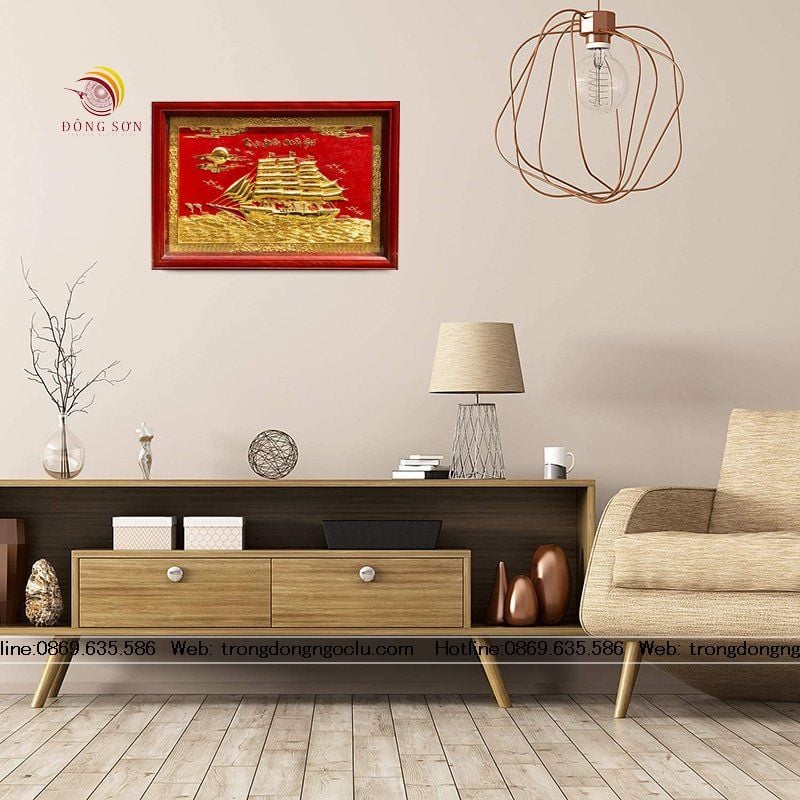 tranh thuan buom xuoi gio bang dong nen do ma vang 24k cao cap tranh qua tang dep kich thuoc 68cm x 48cm