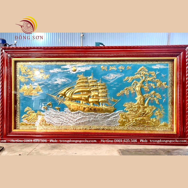 tranh thuan buom xuoi gio bang dong dat vang nen xanh khung go xoan kt 1m97x1m07