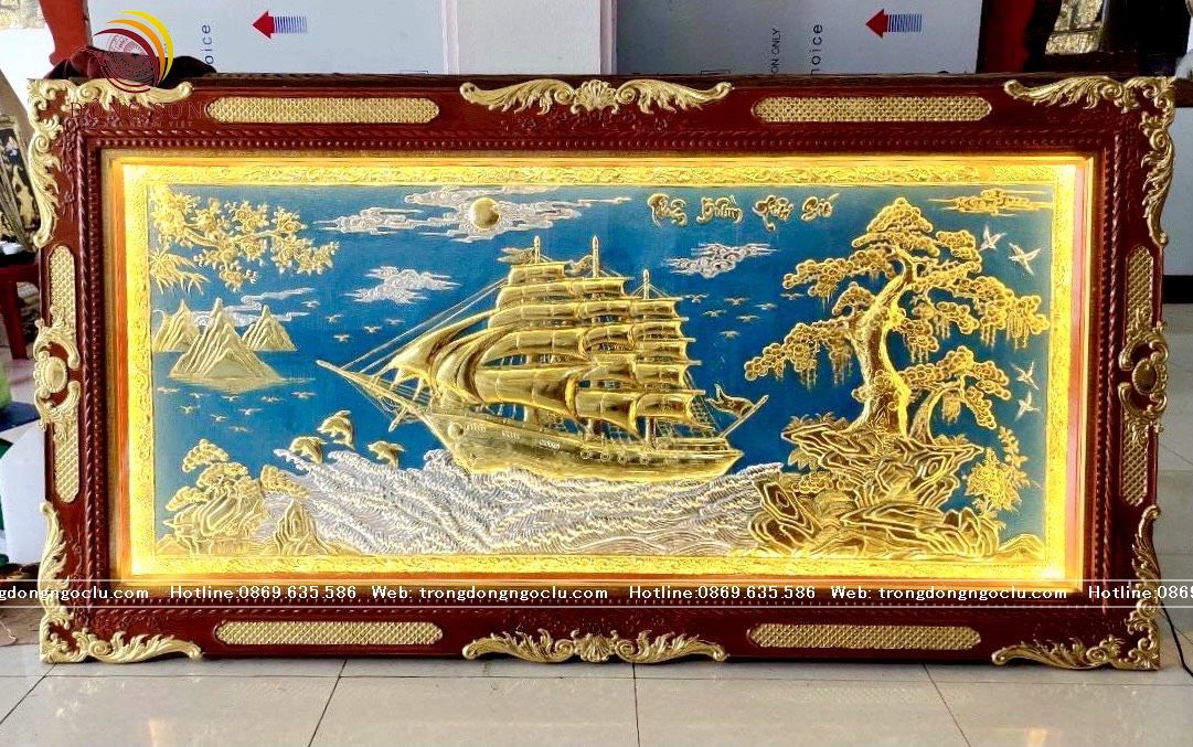 tranh thuan buom xuoi gio bang dong dat vang nen xanh khung duc kt 1m7x90cm