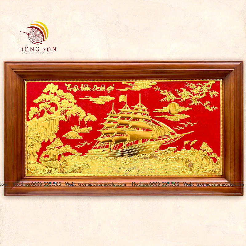 tranh thuan buom xuoi gio bang dong nen do ma vang 24k khung go cao cap tranh qua tang dep kich thuoc 88cm x 48cm