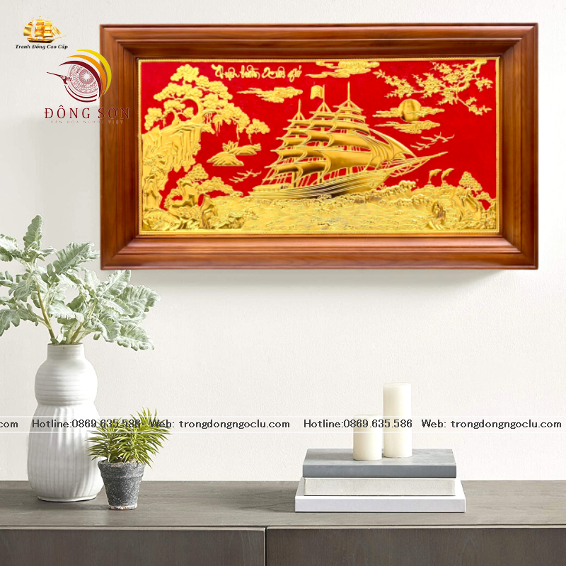 tranh thuan buom xuoi gio bang dong nen do ma vang 24k khung go cao cap tranh qua tang dep kich thuoc 88cm x 48cm