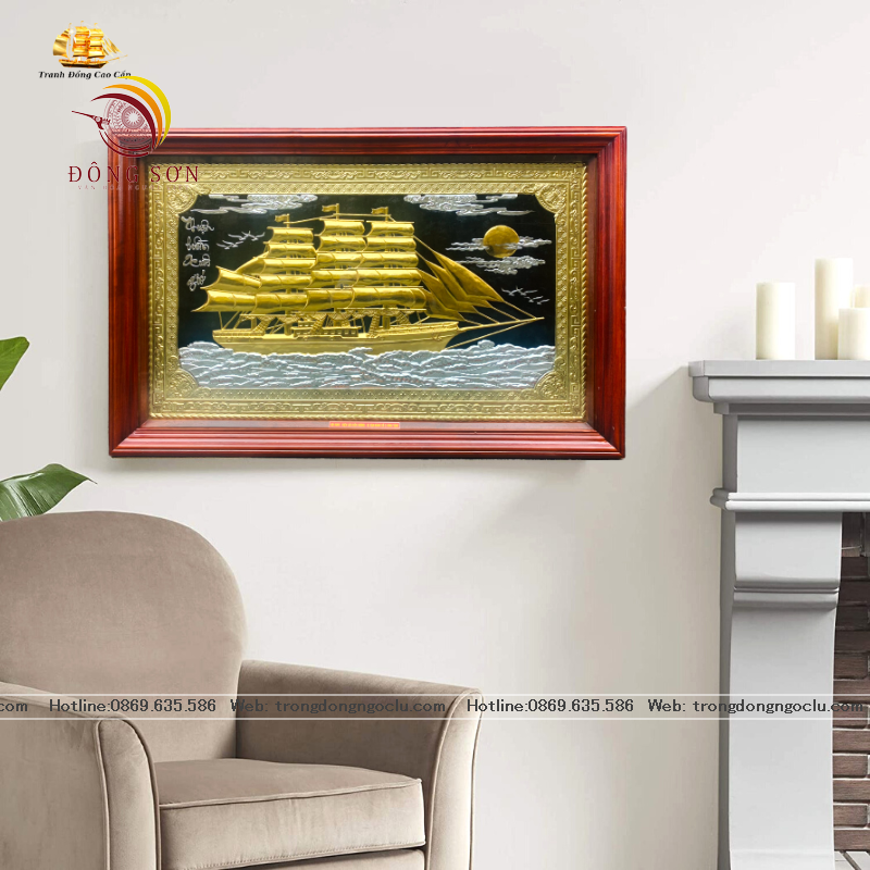tranh thuan buom xuoi gio bang dong nen den dat vang khung go cao cap tranh qua tang dep kich thuoc 108cm x 68cm