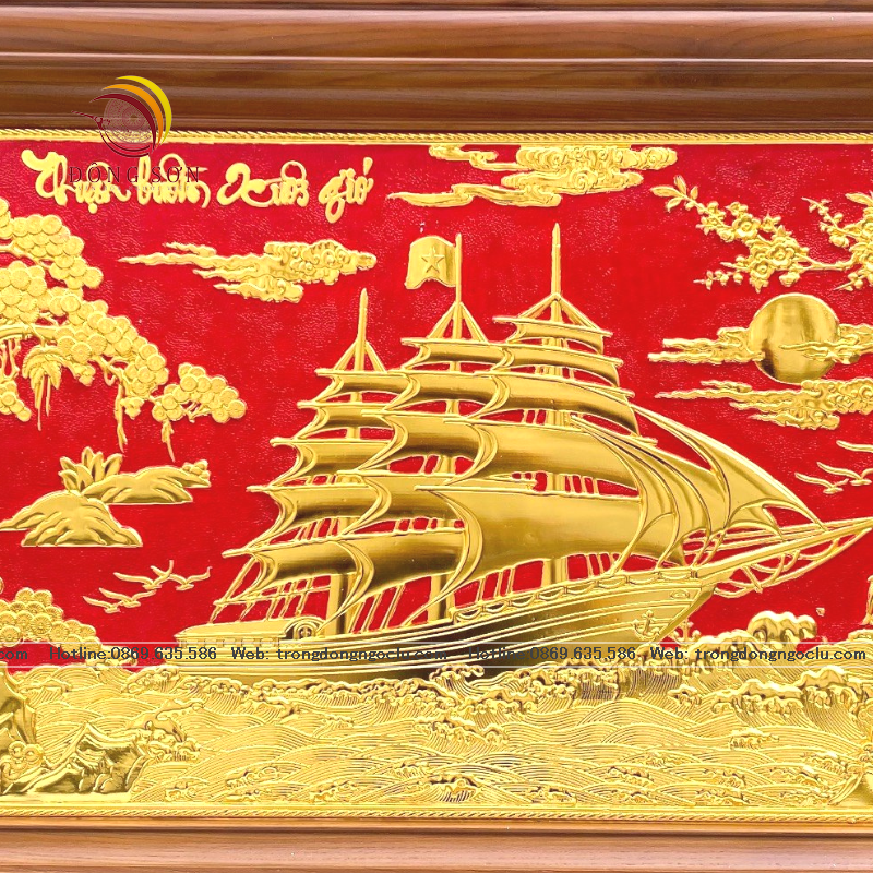 tranh thuan buom xuoi gio bang dong nen do ma vang 24k khung go cao cap tranh qua tang dep kich thuoc 88cm x 48cm