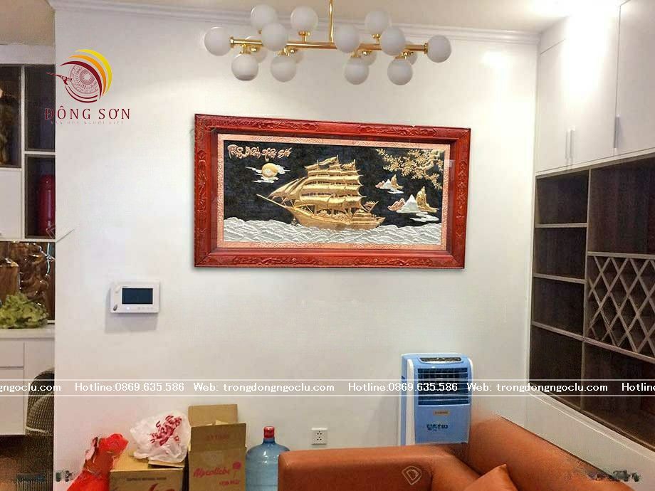 tranh thuan buom xuoi gio bang dong do dat vang nen den khung go huong duc kt 1m55x88cm