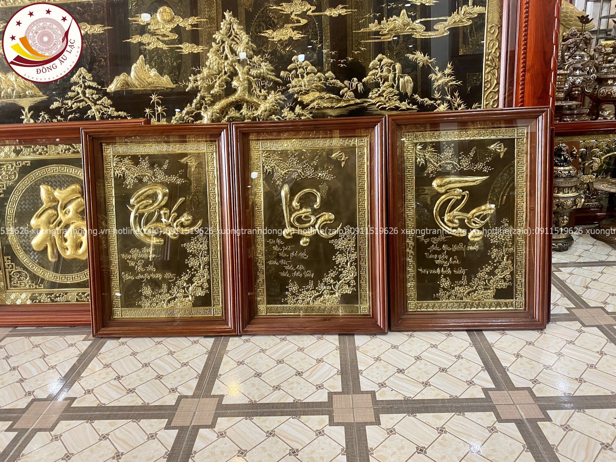 tranh qua tang bo 3 chu phuc loc tho bang dong vang kich thuoc 48x68cm xuong tranh dong