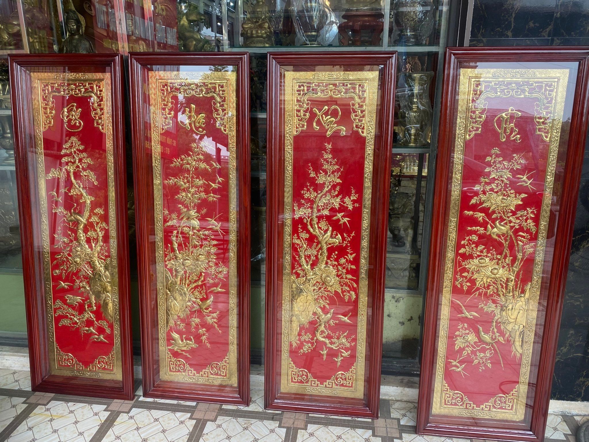 tranh tu quy dong vang ma vang 24k kich thuoc 41x127 mau 1 xuong tranh dong