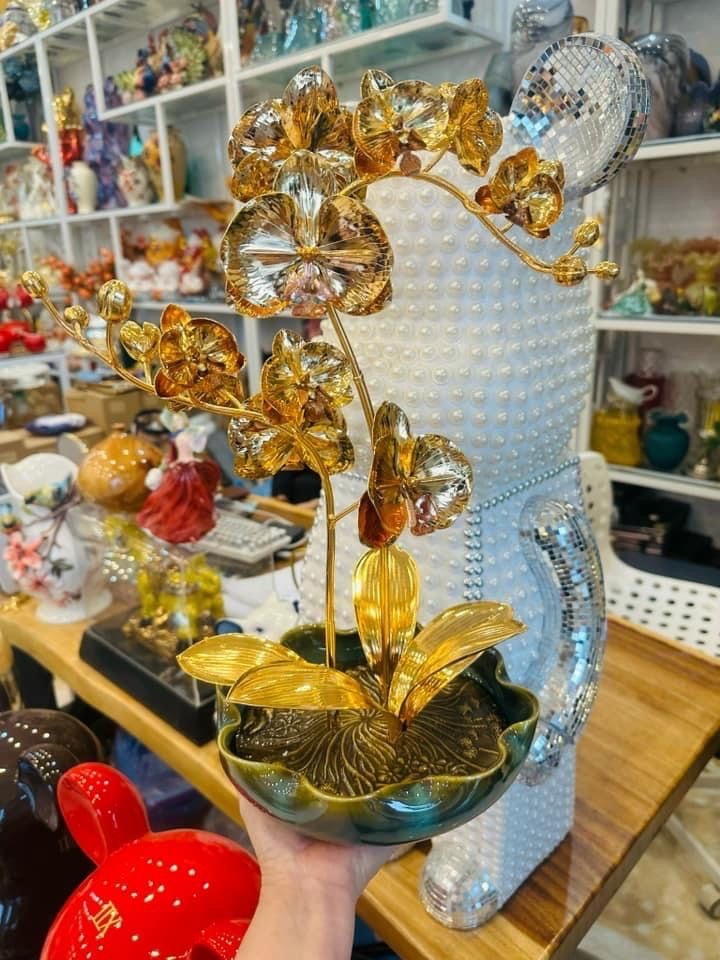 hoa lan 2 than dong vang ma vang 24k cao 42cm mau 2 xuong tranh dong