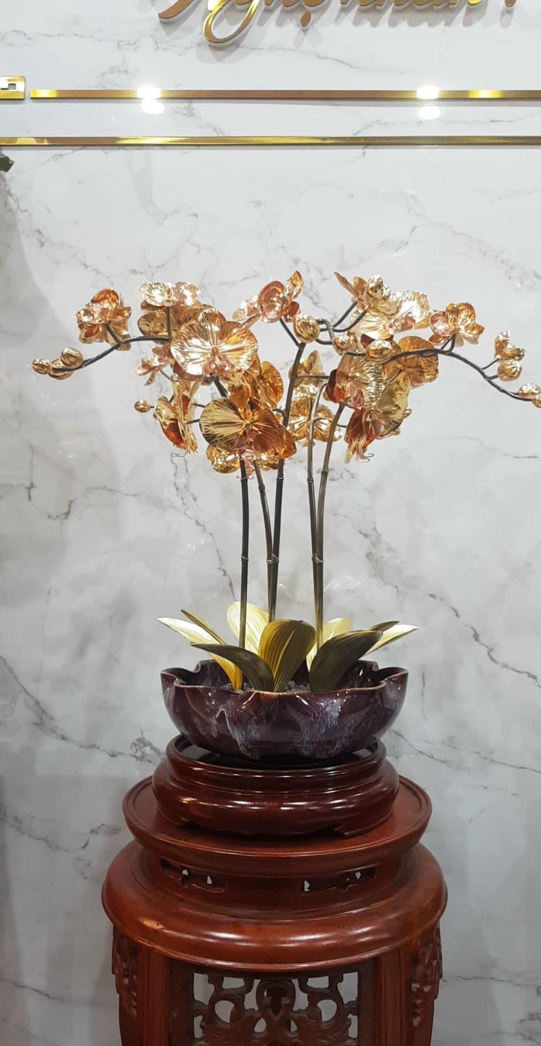 hoa lan 5 than dong vang ma vang 24k than gia co cao 42cm mau 3 xuong tranh dong