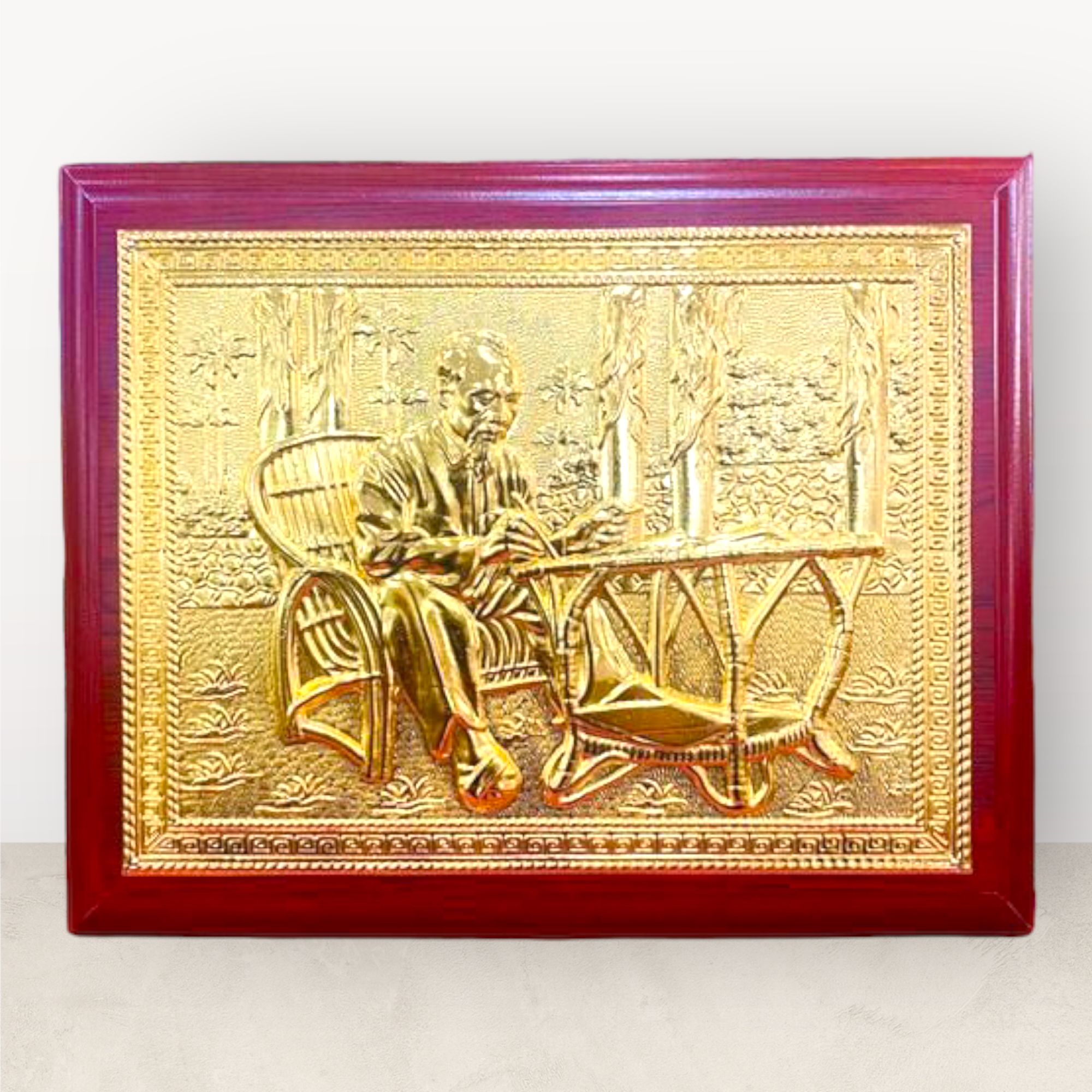 tranh qua tang danh nhan tranh bac ho ngoi ghe may bang dong vang ma vang de ban kich thuoc 20x25cm xuong tranh dong