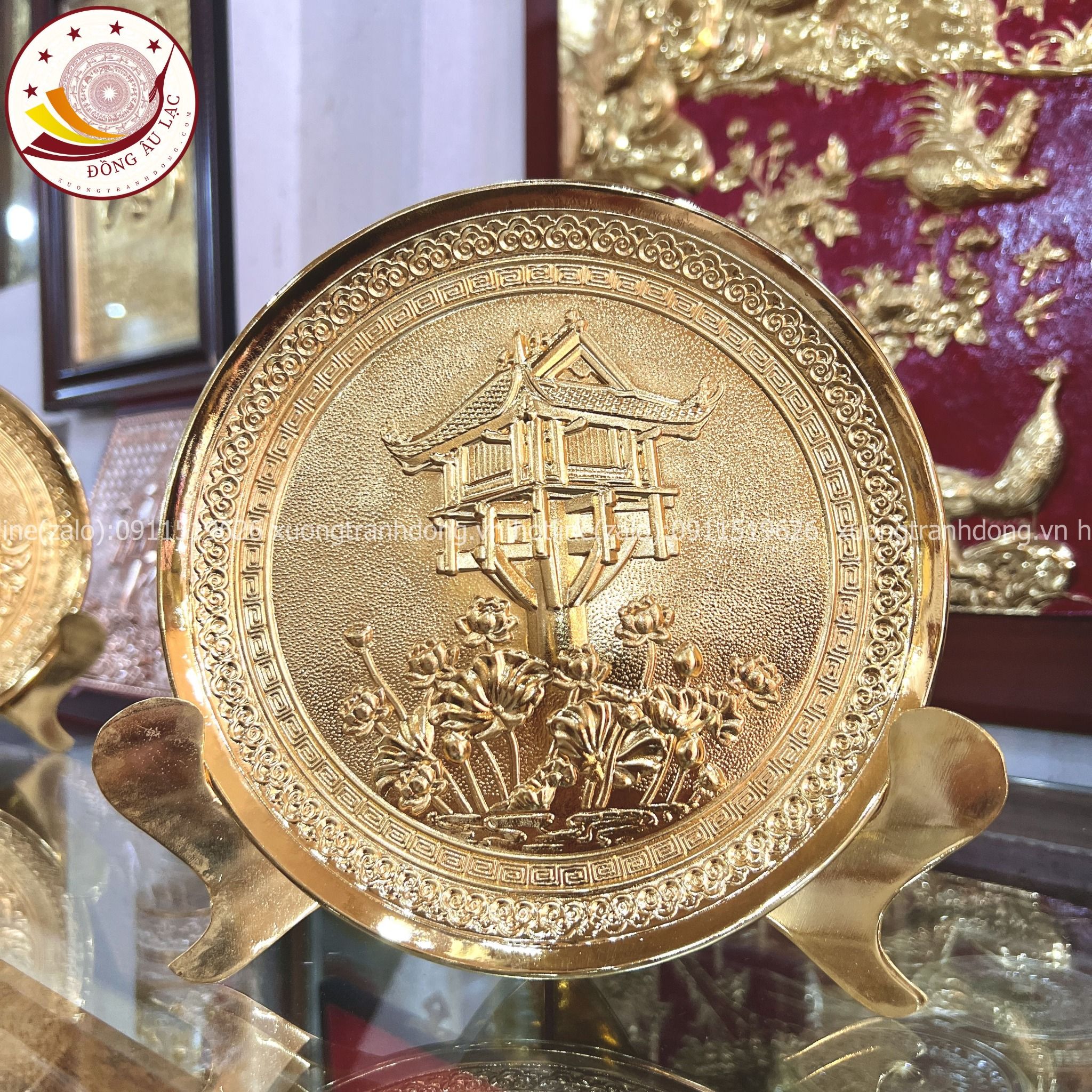 tranh qua tang danh lam chua mot cot dong vang ma vang 24k duong kinh 20cm xuong tranh dong