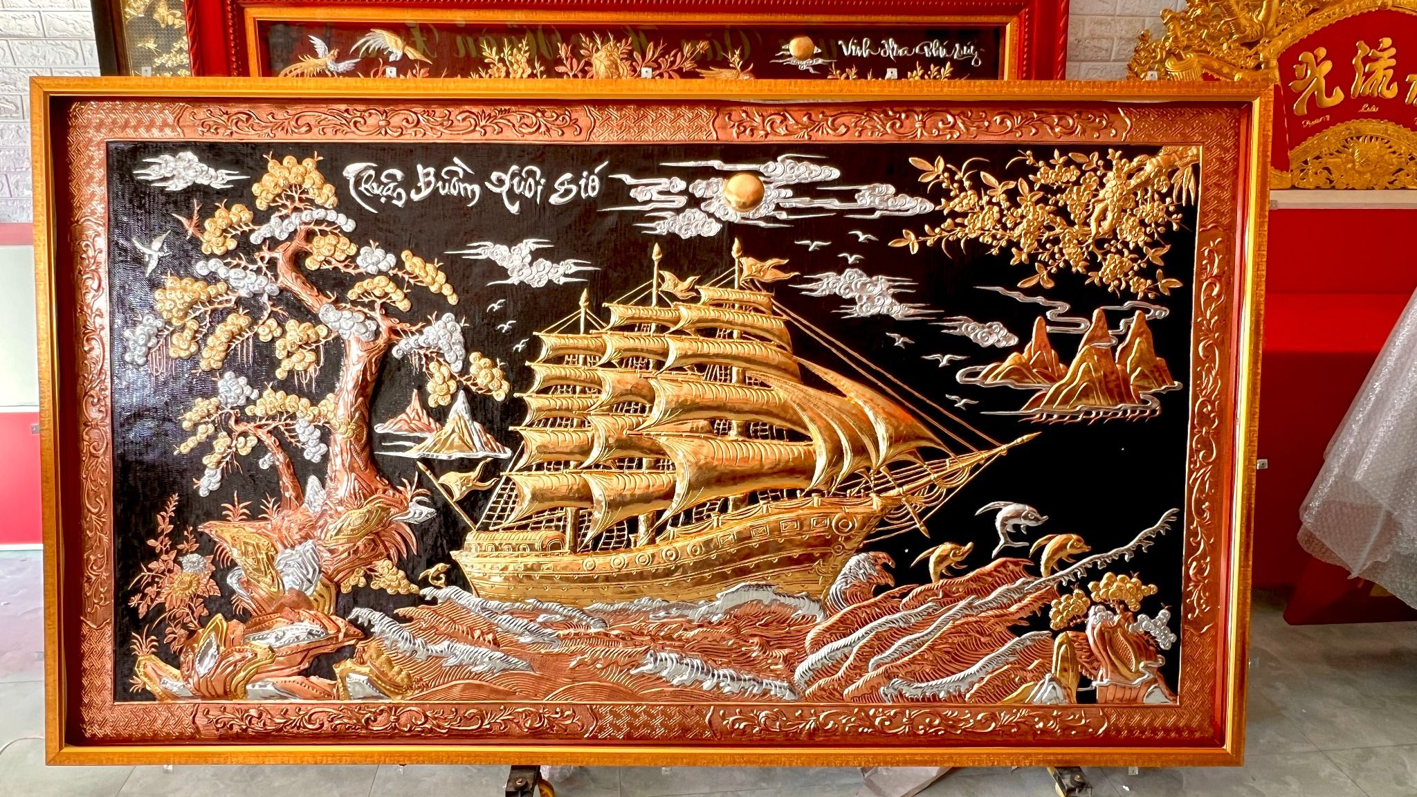 tranh thuan buom xuoi gio bang dong do dat vang kt 1m55x2m55 xuong tranh dong