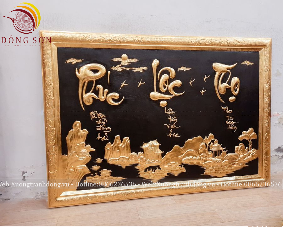 tranh chu phuc loc tho dong vang kich thuoc 88x127cm dat vang nen den khung dong