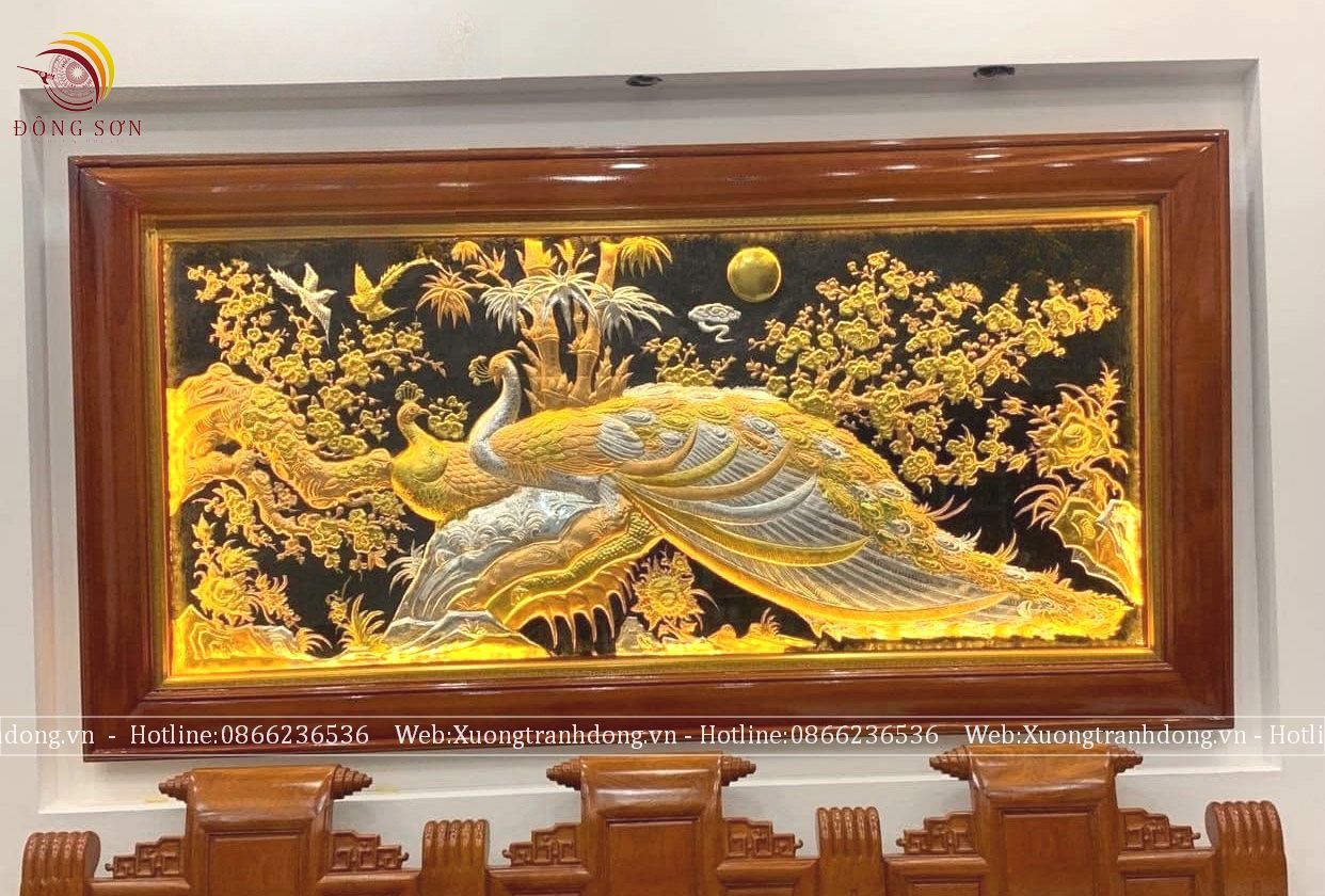 tranh hoa khai phu quy bang dong vang kich thuoc 155x255cm dat vang bac khung tron xoan