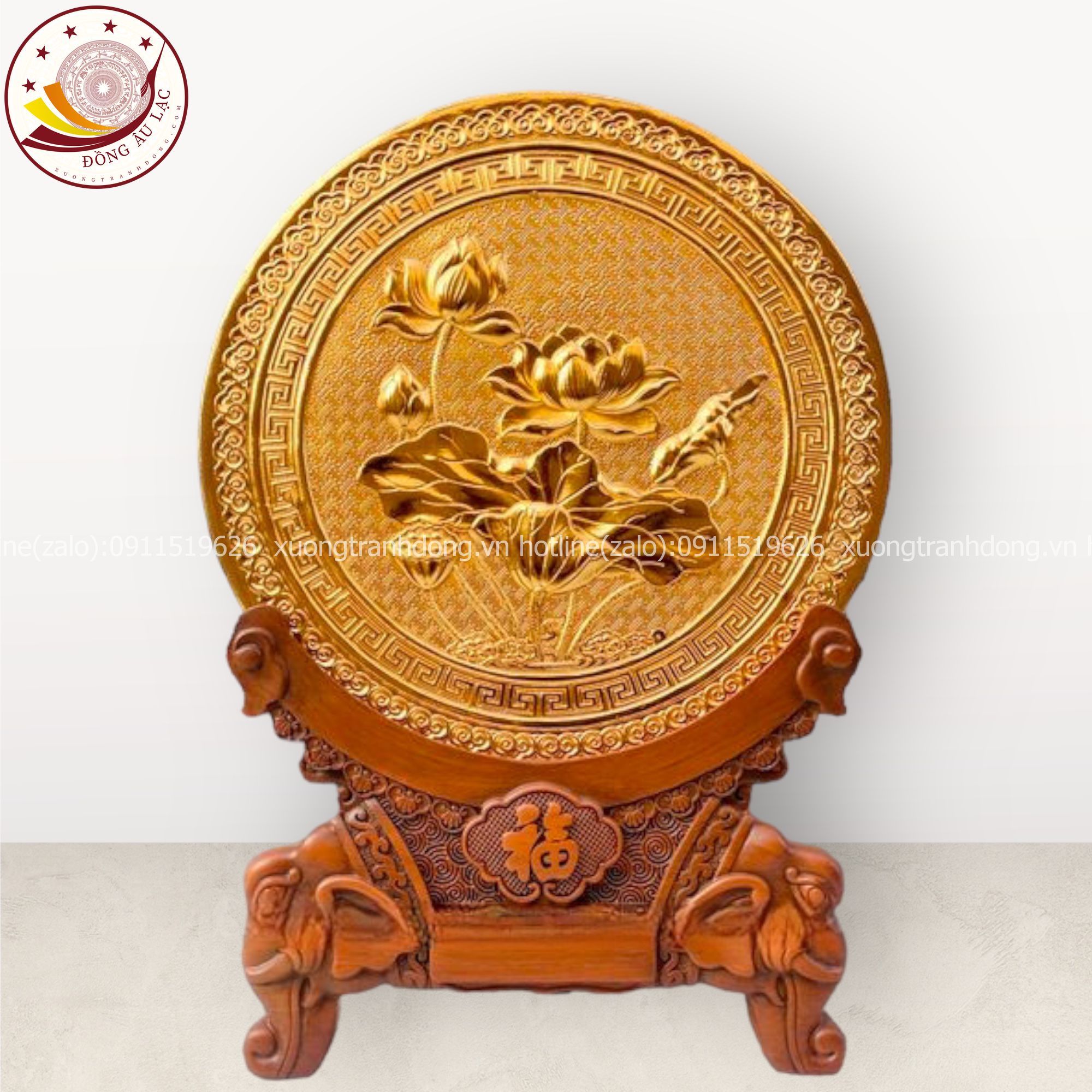 tranh qua tang hoa sen dong vang ma vang 24k de go de ban duong kinh 20cm xuong tranh dong