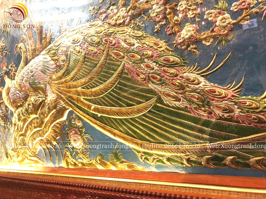 tranh hoa khai phu quy bang dong vang kich thuoc 1m2x2m3 nen xanh dat vang bac