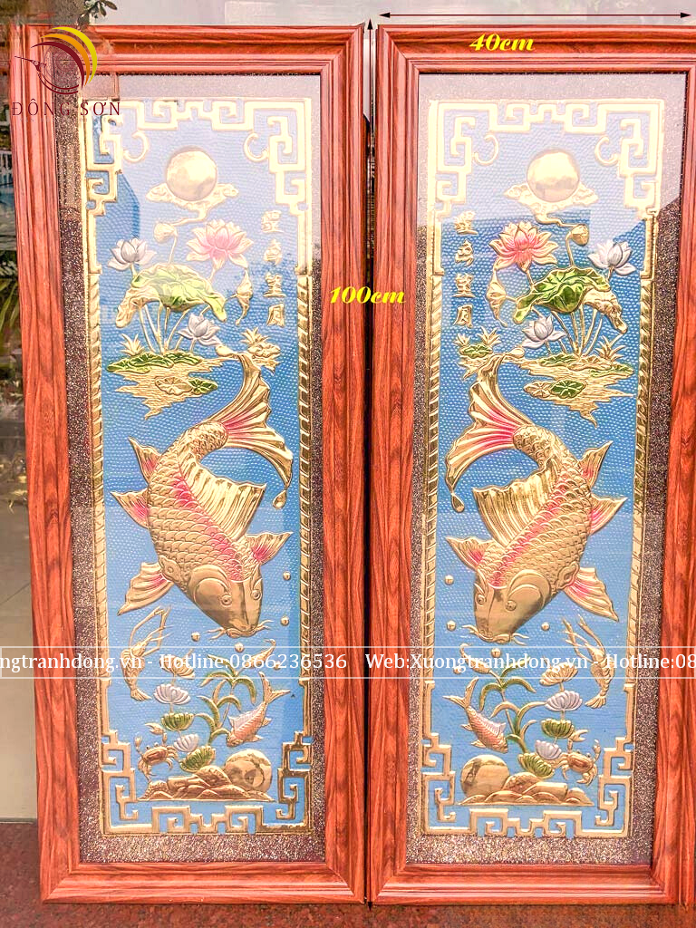 tranh ly ngu vong nguyet bang dong vang kich thuoc 40x100cm lam mau nen xanh khung nhua